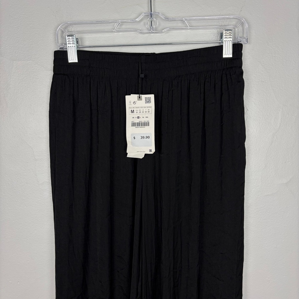 Zara Wide Leg Flowing Trousers Black High Waist Elastic Boho Whimsygoth Medium - Picture 3 of 9